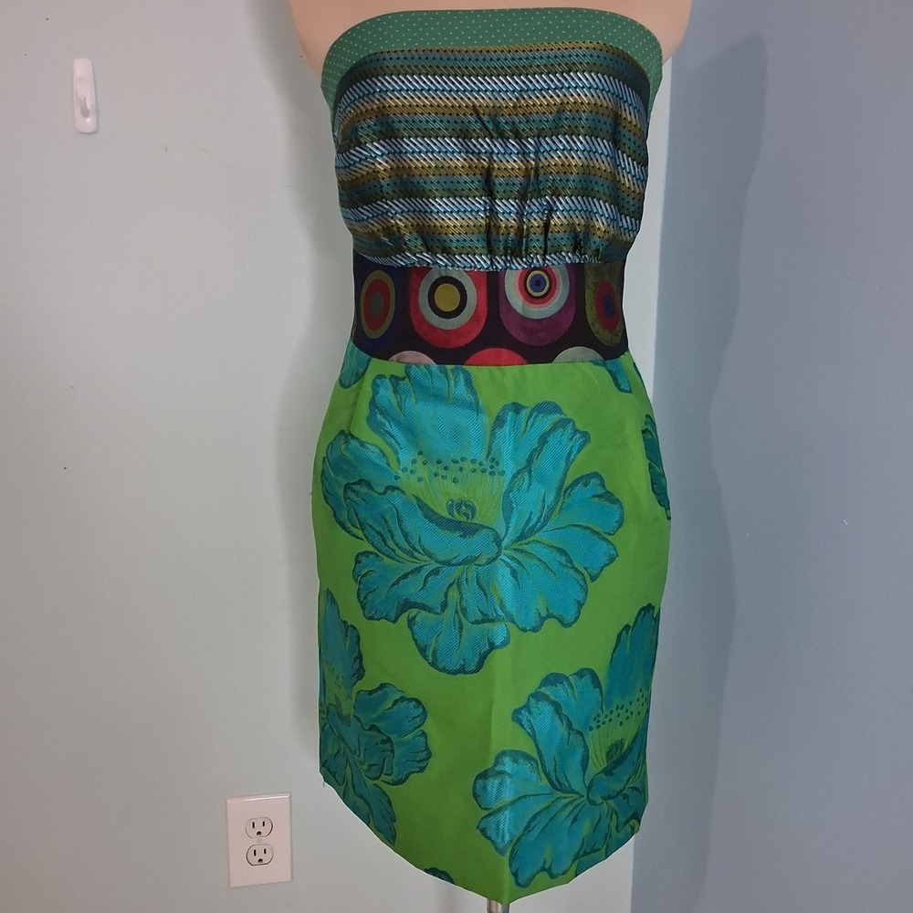 Desigual Strapless Floral Geometric Mixed Print Mini Dress Green Blue Size 40